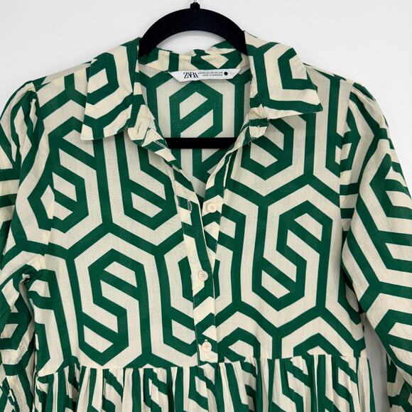Zara Karen Tiered Midi Dress Geometric Print White Green Womens US XS - Picture 3 of 12